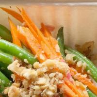Lemony Green Bean Salad · Green Beans with Lemon Vinaigrette, Pickled Red Onions, Carrots and Walnuts