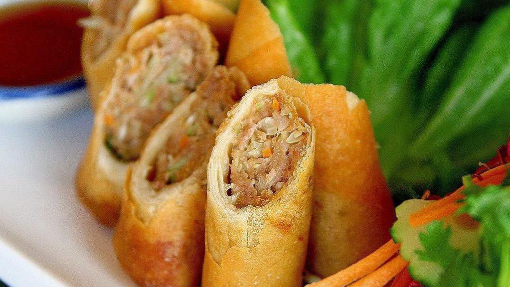 Crispy Spring Rolls (4 Rolls) · Crispy spring rolls stuffed with vegetables and pork and glass noodles served with homemade sweet and sour sauce.