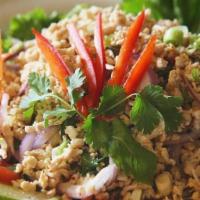 Larb Salad (Spicy) · Choice of chopped lean beef, pork, or chicken with chili, onions, lime juice, cilantroes, an...