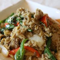 Green Curry Fried Rice (Spicy) · Selected meat, seafood or vegetables and tofu, green curry spices, basils, chili, onions, be...