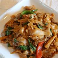 Spicy Basil Noodles (Pad Kee-Mao) · Flat noodles stir-fried with selected meat, seafood,  vege/tofu, basil, chili, mushrooms, ba...