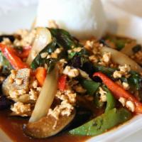 Eggplant Stir-Fried (Spicy) · Selected meat or vegetable/tofu stir-fried with fresh basil leaves, eggplants, onions, bell ...