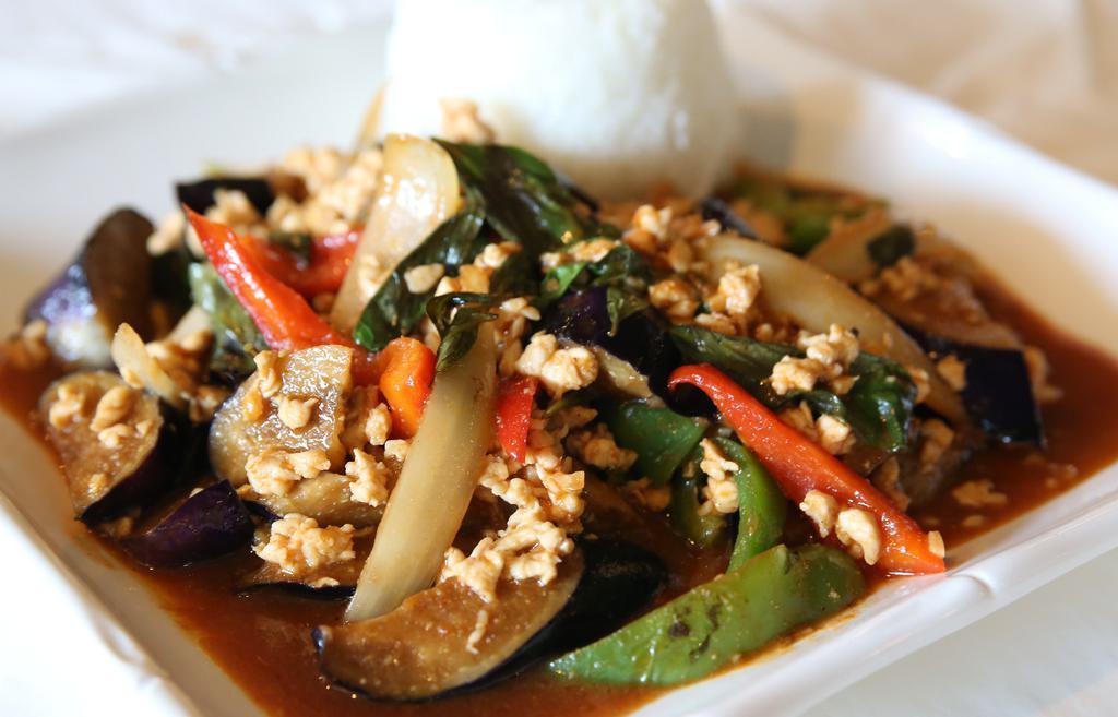 Eggplant Stir-Fried (Spicy) · Selected meat or vegetable/tofu stir-fried with fresh basil leaves, eggplants, onions, bell peppers, and chili in our house spicy sauce.