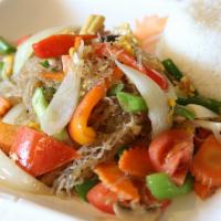 Bean Thread Stir-Fried · Selected meat or vege/tofu stir-fried with glass noodles, carrots, corns, bell, bamboo, mush...