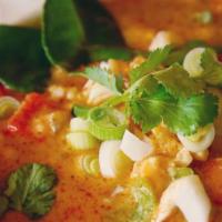 Evil Jungle Curry (Spicy) · Minced chicken or tofu with coconut milk, onions, bell peppers, and topped with cilantro.