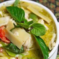 Green Curry (Spicy) · A popular Thai green curry cooked with coconut milk, basil, bell peppers, lime leaves, and b...