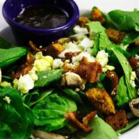 Keys' Spinach Salad · Fresh spinach, mushroom, green onion, bacon, croutons and a hard-boiled egg. Topped with red...