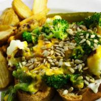 Hot Veggie Sandwich · Served open faced on grilled wheat bread with an American cheese blend and topped with sauté...