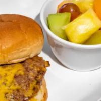 Kids Cheeseburger · Grilled house seasoned beef patty / American cheese / Brioche bun / Choice of side