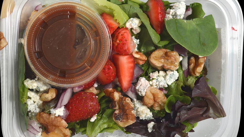 Strawberry Walnut Salad · Organic Spring Mix, Organic Spinach, Organic Strawberries, Organic Red Onion, Blue Cheese, with Fat Free Balsamic Vinaigrette Dressing