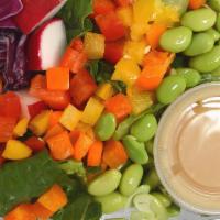 Rainbow Salad · Organic Romaine, Red Cabbage, Carrots, Organic Red, Yellow, and Orange Peppers, Organic Grap...