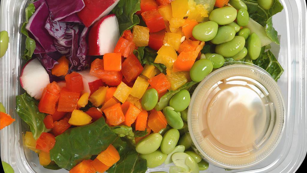 Rainbow Salad · Organic Romaine, Red Cabbage, Carrots, Organic Red, Yellow, and Orange Peppers, Organic Grape Tomato, Cucumbers, Organic Edamame, Radish, with Honey Ginger Dressing