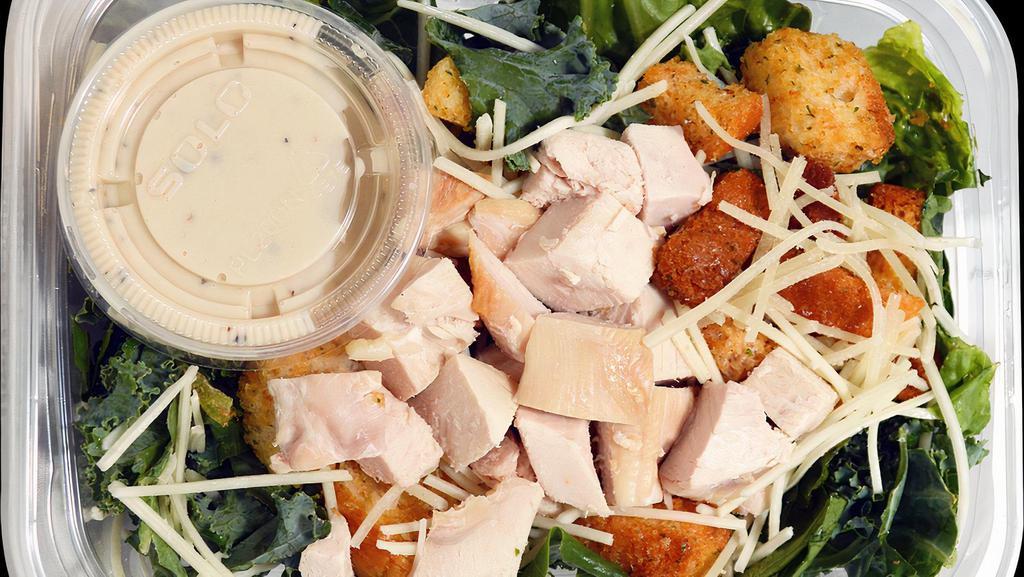 Chicken Caesar Salad · Organic Romaine & Kale, Shredded Parmesan, Crouton, ABF Chicken, and Roasted Garlic Caesar Dressing