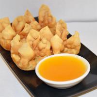 Crab Rangoon (4) · Crabmeat (imitation), cream cheese, green onion wrapped in crispy wonton skin served with pl...