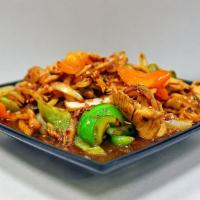 Pad Prik One Size · Spicy. Green onion, onion, bell pepper, bamboo shoot, mushroom, and ground hot chili pepper ...