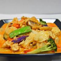 Pak Curry One Size · Spicy. Stir-fried with red curry (coconut milk), eggplant, broccoli, mushroom, bamboo shoot,...