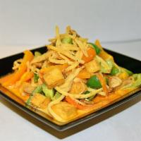 Gang Dang (Gang Gai) One Size · Spicy. Stir-fried with red curry (coconut milk), bamboo shoot, bell pepper, and mushroom.