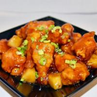 Orange Chicken One Size · Breaded chicken and pineapple with our sweet orange sauce topped with green onions.