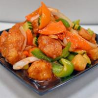 Sweet & Sour Chicken One Size · Breaded chicken with bell pepper, onions, pineapple, cucumber, and carrots with sweet and so...