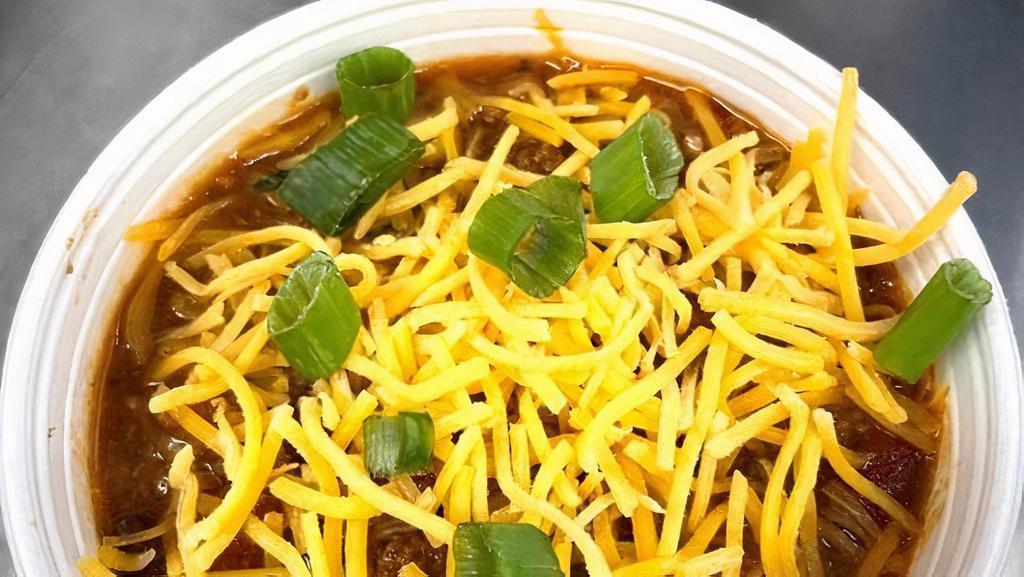 Chili · Our Homemade Chili w/beans, topped with Cheese and Green Onions. Make it spicy!