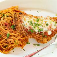 Pollo Parmigiana · Breaded breast of chicken with Italian seasoning, three cheese blend, tomato sauce, and cape...