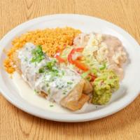 Chimichanga  · Your choice of meat smothered in Cheese sauce. Served with rice, salad, and beans.