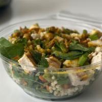 Curried Couscous Grain Bowl · pearled couscous, spinach, roasted chickpeas and carrots, cilantro, green onion, curried man...