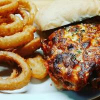 Chicken Parmesan Sandwich · Lightly breaded chicken, topped with marinara sauce, melted mozzarella & parmesan cheeses, s...
