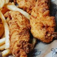 Chicken Tenders · Seasoned chicken tenders served with fries & your choice of sauce