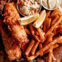 Fish And Chips Dinner · Hand-battered Alaskan cod, with a side of coleslaw, fries & side of tartar sauce for dipping