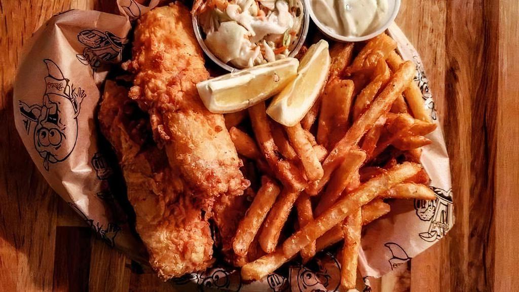 Fish And Chips Lunch · Hand-battered Alaskan cod, with a side of coleslaw, fries & side of tartar sauce for dipping