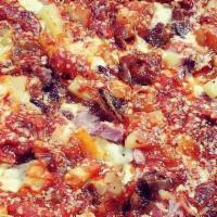 The Hawaiian · Pineapple, ham, bacon, pizza sauce, mozzarella & parmesan cheeses