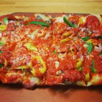 Supreme · Pepperoni, ham, green pepper, red onion, mushroom, banana pepper, pizza sauce, mozzarella & ...