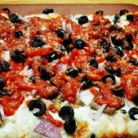 Shirley V'S Veggie · Roasted red peppers, red onions, mushrooms, black olives pizza sauce, mozzarella & parmesan ...