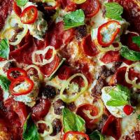 Diablo Pizza · Tomato sauce, cup pepperoni, capicola, Italian sausages, spicy peppers, mozzarella, basil, h...
