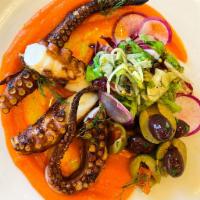 Charred Octopus · Romesco, Pickled Fennel Slaw, Marinated Olives, Tear Drop Peppers, Balsamic, Lemon Beurre Bl...