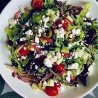 Mediterranean Salad · Field greens, blistered tomato, pickled onion, castelvetrano olive, cucumber, feta, red wine...