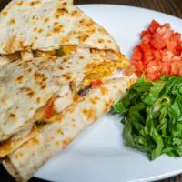 Quesadilla · Your choice of meat: chicken, ground beef - black beans, red peppers, green peppers, mixed c...