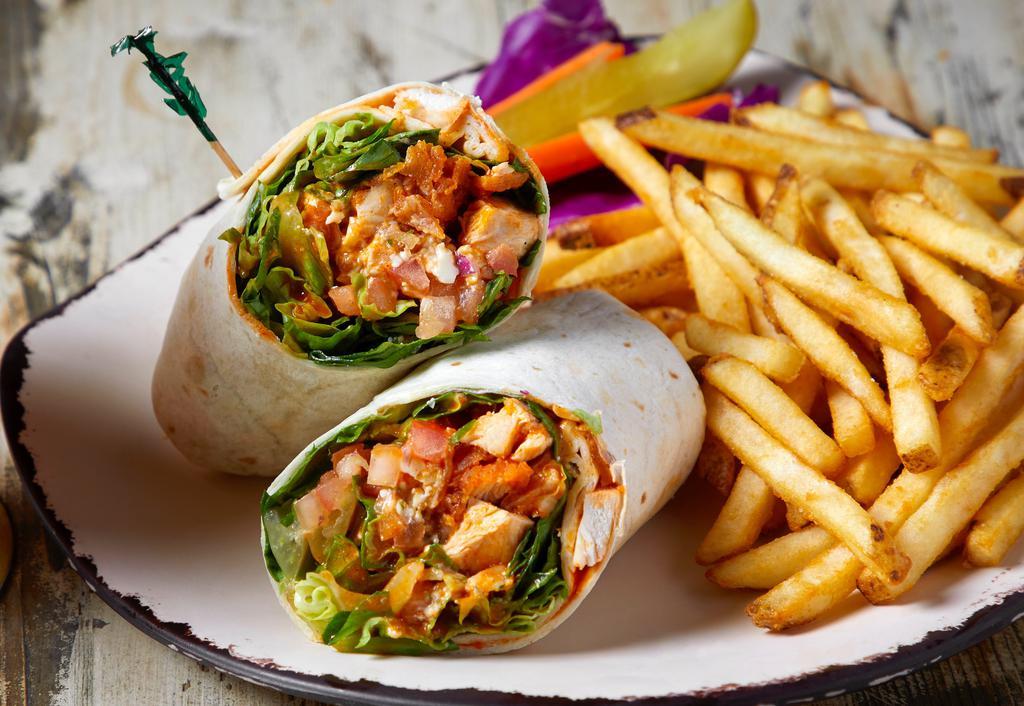 Cali Chicken Wrap · Grilled chicken, bacon, swiss, lettuce, tomato, avocado + mayo, wrapped in a flour tortilla.  A great to-go item too.
