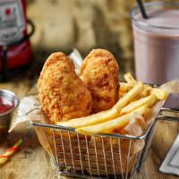 Kids Chicken Tenders · A kid sized portion of our chicken tenders with either fries or carrots and your choice of d...