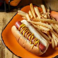 Kids Hot Dog · A plain kids hot dog on a bun served with carrots or fries.