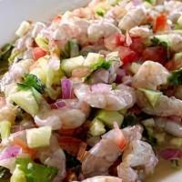Ceviche De Pescado O Camarón · Servido con tomate, cebolla, pepino y cilantro / Fish or shrimp served with, tomato, onion, ...