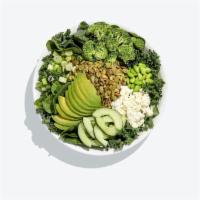 Spinach Inquisition Salad · Baby Spinach, kale, avocado, edamame, broccoli, cucumber, green onion, goat cheese, topped w...