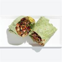 Spinach Inquisition Wrap · Baby Spinach, kale, avocado, edamame, broccoli, cucumber, green onion, goat cheese, topped w...