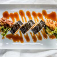 Spider Roll (5) · Soft shell crab, spicy mayo, masago, cucumber, avocado, and lettuce topped with unagi sauce ...