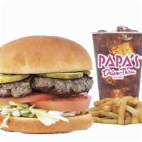 #1 Hamburger Combo · Brioche Bun, hand pattied fresh beef, mayo, ketchup, mustard, lettuce, tomato, onions, pickl...