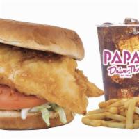 #10 Cod Fish Sandwich Combo · Hand battered Icelandic Cod Fish with tartar sauce lettuce and tomatoes. Fries and a pop