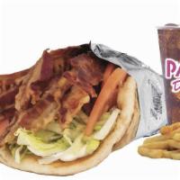 #7 Blt Pita Combo · Baconized pita with mayo lettuce and tomatos. Fries and a pop