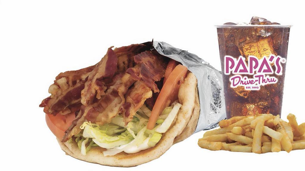 #7 Blt Pita Combo · Baconized pita with mayo lettuce and tomatos. Fries and a pop