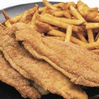 3Pc Catfish Dinner · Fresh hand battered stripped Catfish fish served with reg fries, a breadroll, coleslaw, & ta...